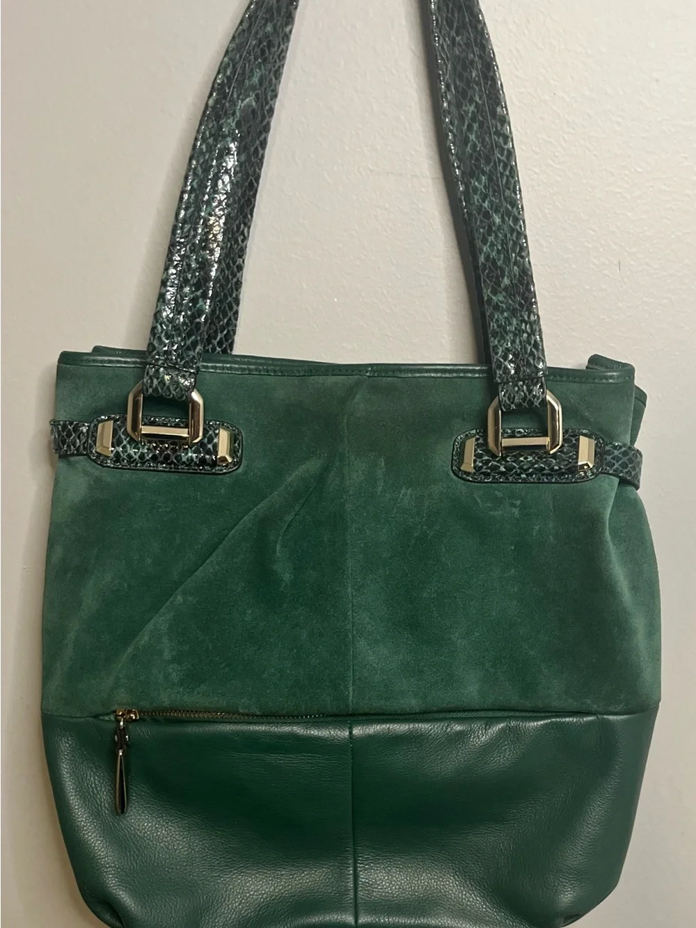 B Makowsky, Snakeskin Green Suede & Leather Shoulder Purse/Handbag Hobo